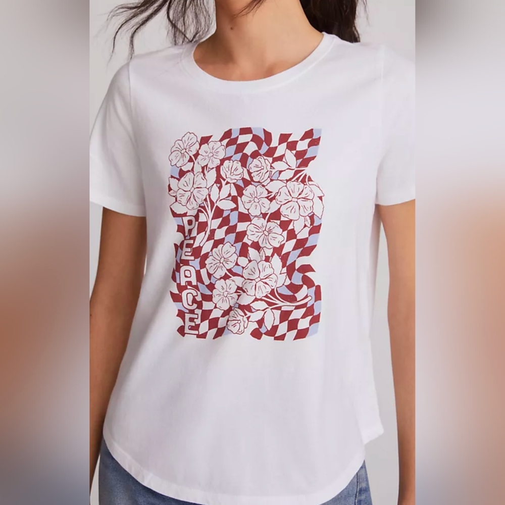 Maeve Anthropologie Top White Red Cotton Statement Peace SS Tee Shirt Sz S *EUC